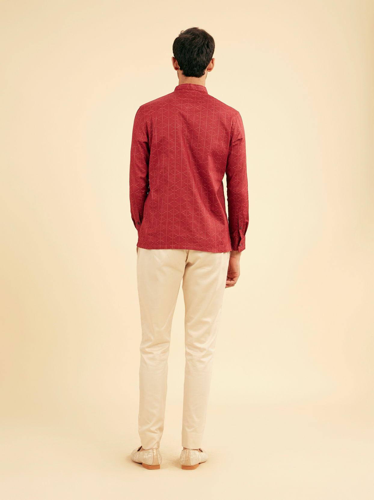 Manyavar Men Maroon Red Linear Patterned Short Kurta