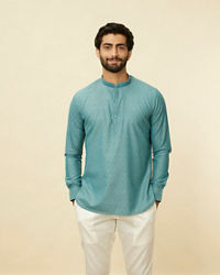 Manyavar Men Teal Green Grid Patterned Short Kurta