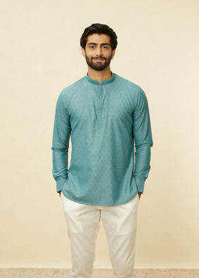 alt message - Manyavar Men Teal Green Grid Patterned Short Kurta image number 0