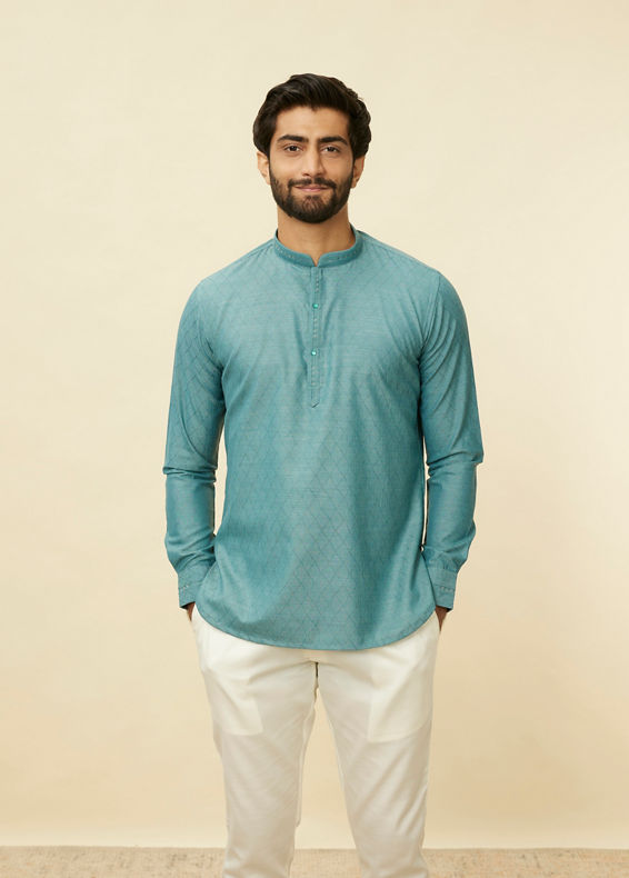 Manyavar Men Teal Green Grid Patterned Short Kurta