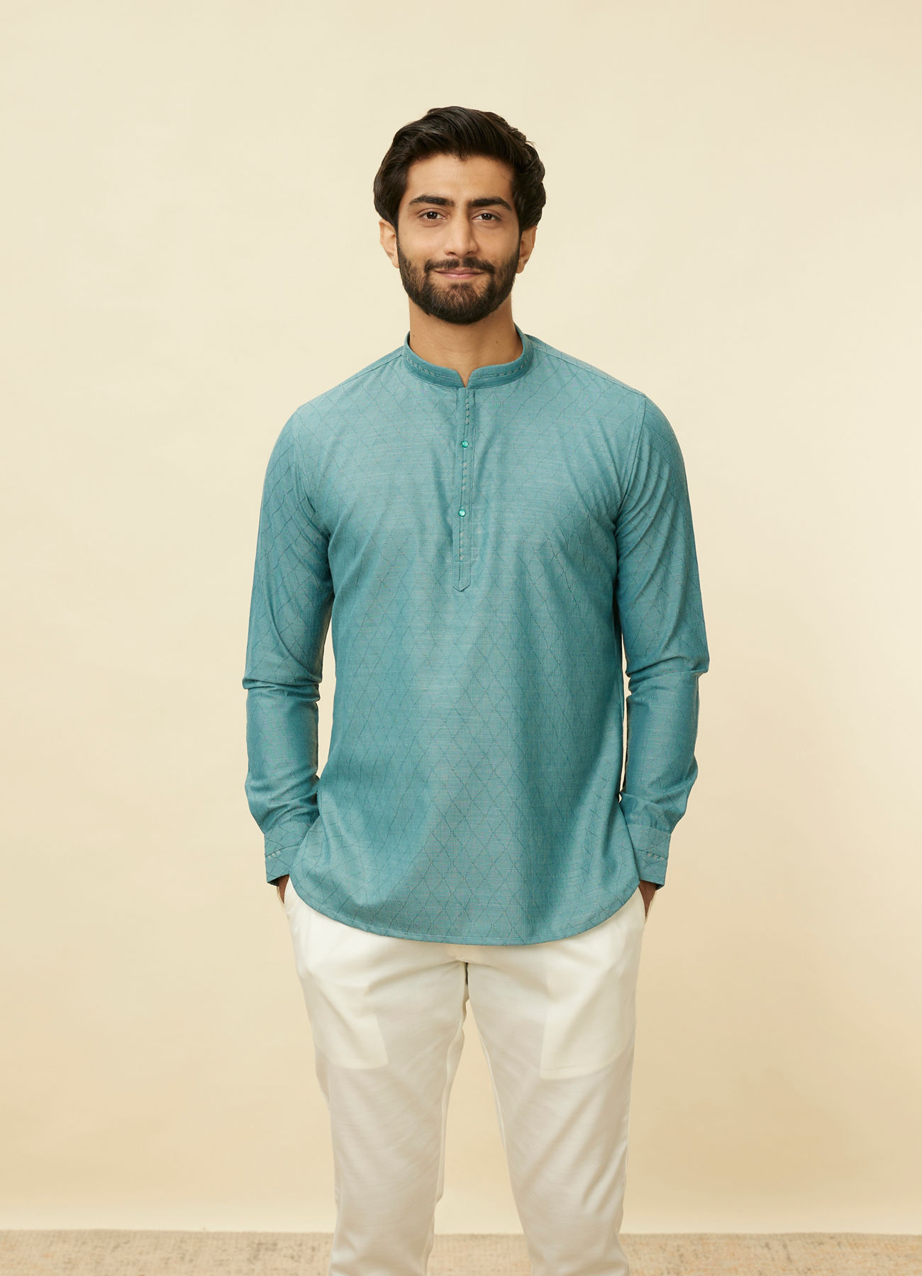 Manyavar Men Teal Green Grid Patterned Short Kurta