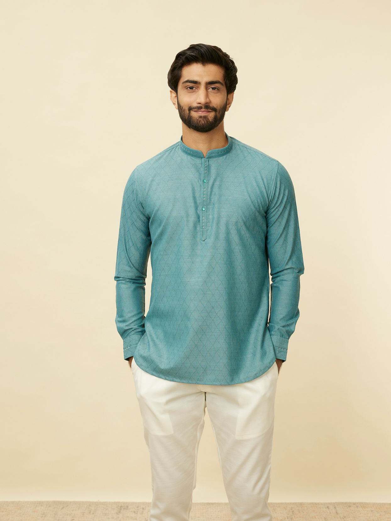 alt message - Manyavar Men Teal Green Grid Patterned Short Kurta image number 0