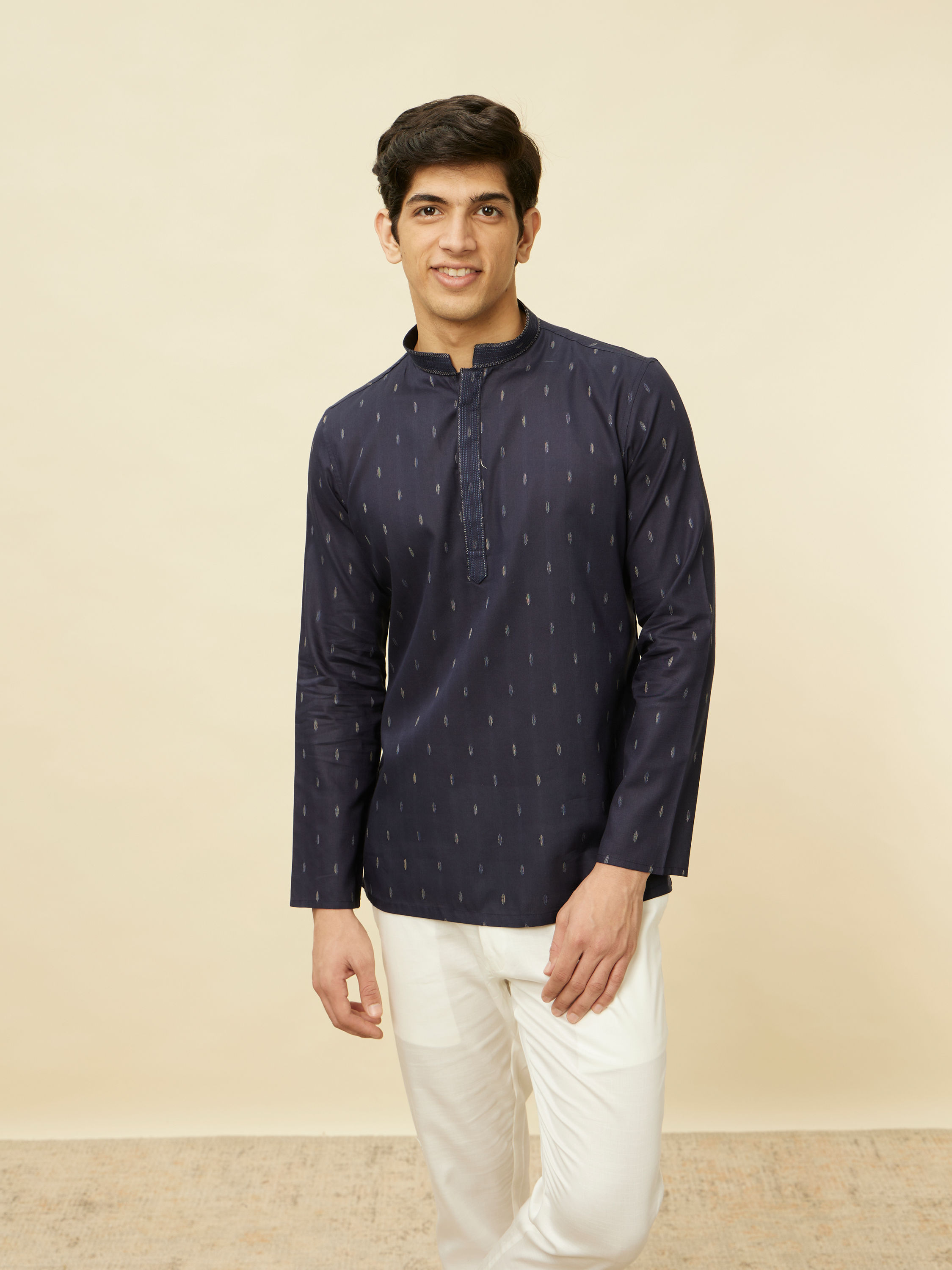 Manyavar Men Violet Blue Buta Patterned Short Kurta