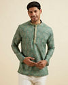 Manyavar Men Light Mid Green Medallion Print Short Kurta