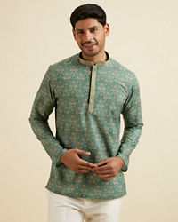 Manyavar Men Light Mid Green Medallion Print Short Kurta