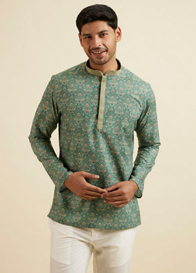 alt message - Manyavar Men Light Mid Green Medallion Print Short Kurta image number 0