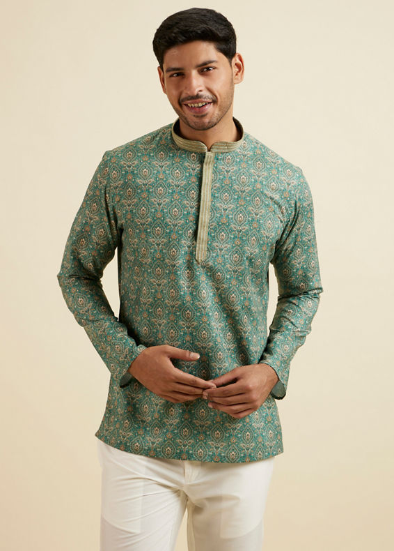 Manyavar Men Light Mid Green Medallion Print Short Kurta