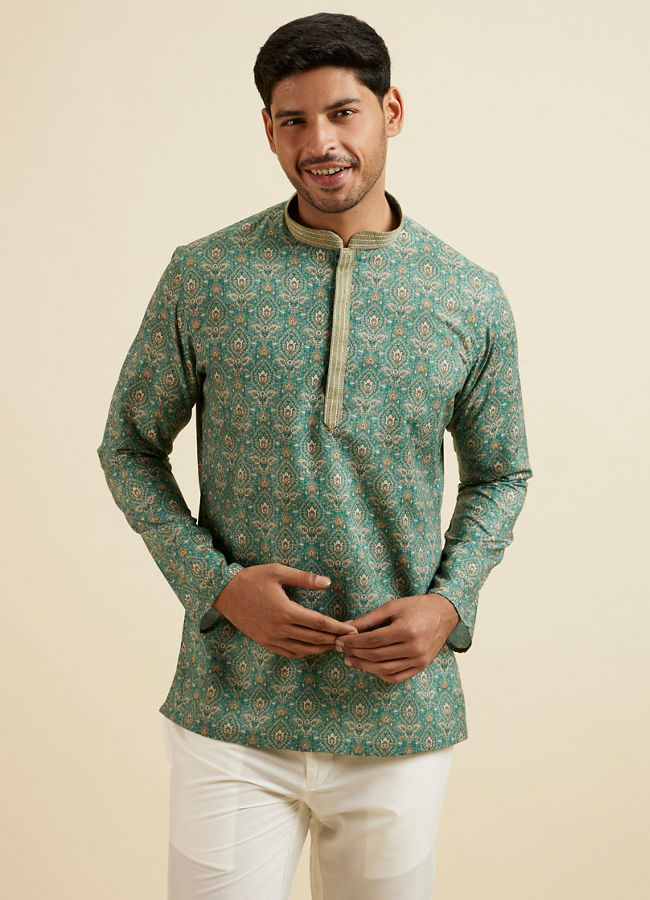 Manyavar Men Light Mid Green Medallion Print Short Kurta