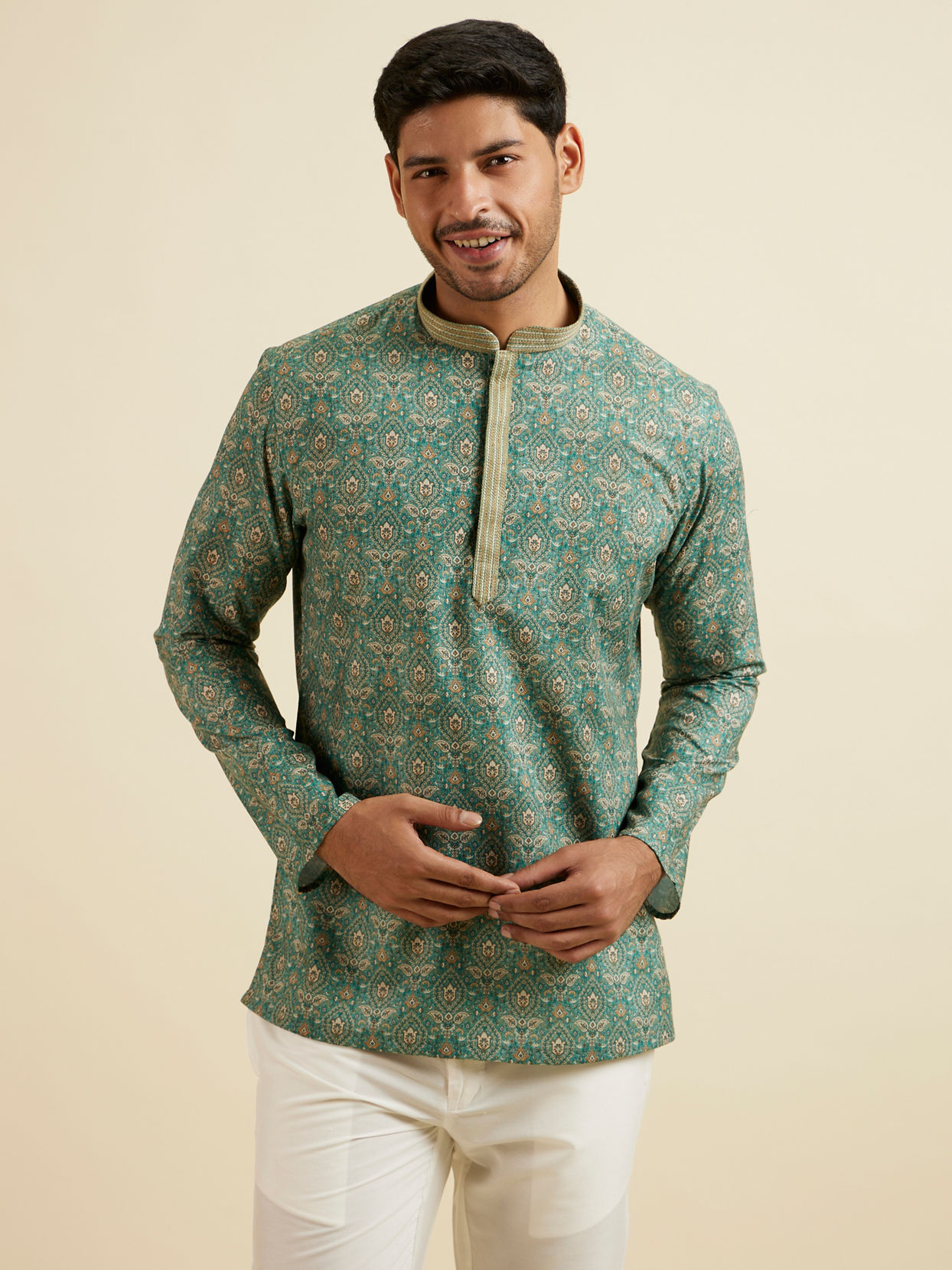 alt message - Manyavar Men Light Mid Green Medallion Print Short Kurta image number 0