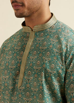 alt message - Manyavar Men Light Mid Green Medallion Print Short Kurta image number 1