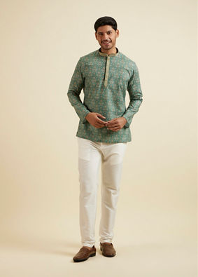 alt message - Manyavar Men Light Mid Green Medallion Print Short Kurta image number 2