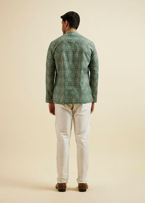 alt message - Manyavar Men Light Mid Green Medallion Print Short Kurta image number 3