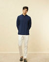 Manyavar Men Navy Blue Embroidered Neckline Short Kurta