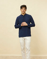 Manyavar Men Navy Blue Embroidered Neckline Short Kurta