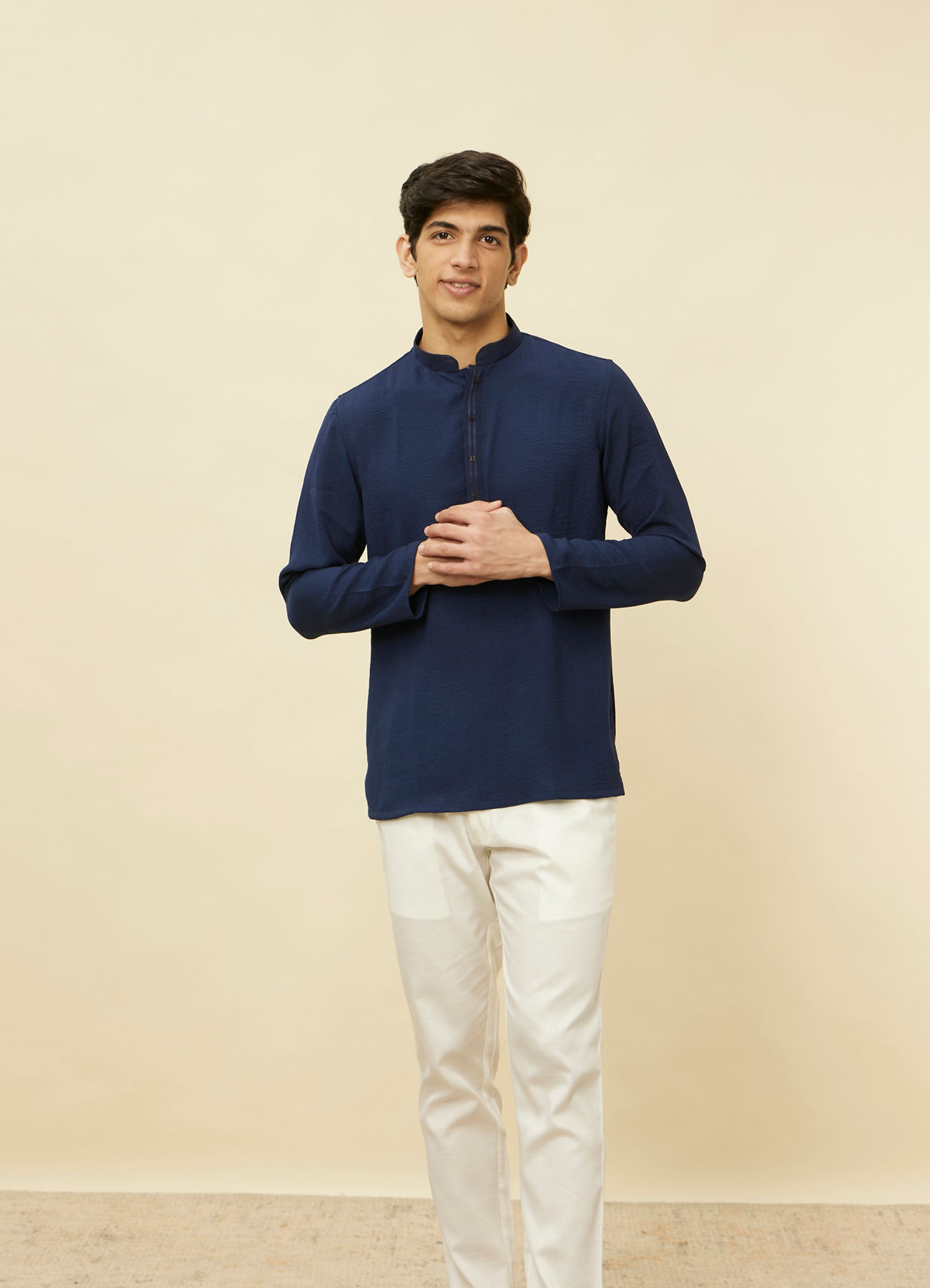 Manyavar Men Navy Blue Embroidered Neckline Short Kurta