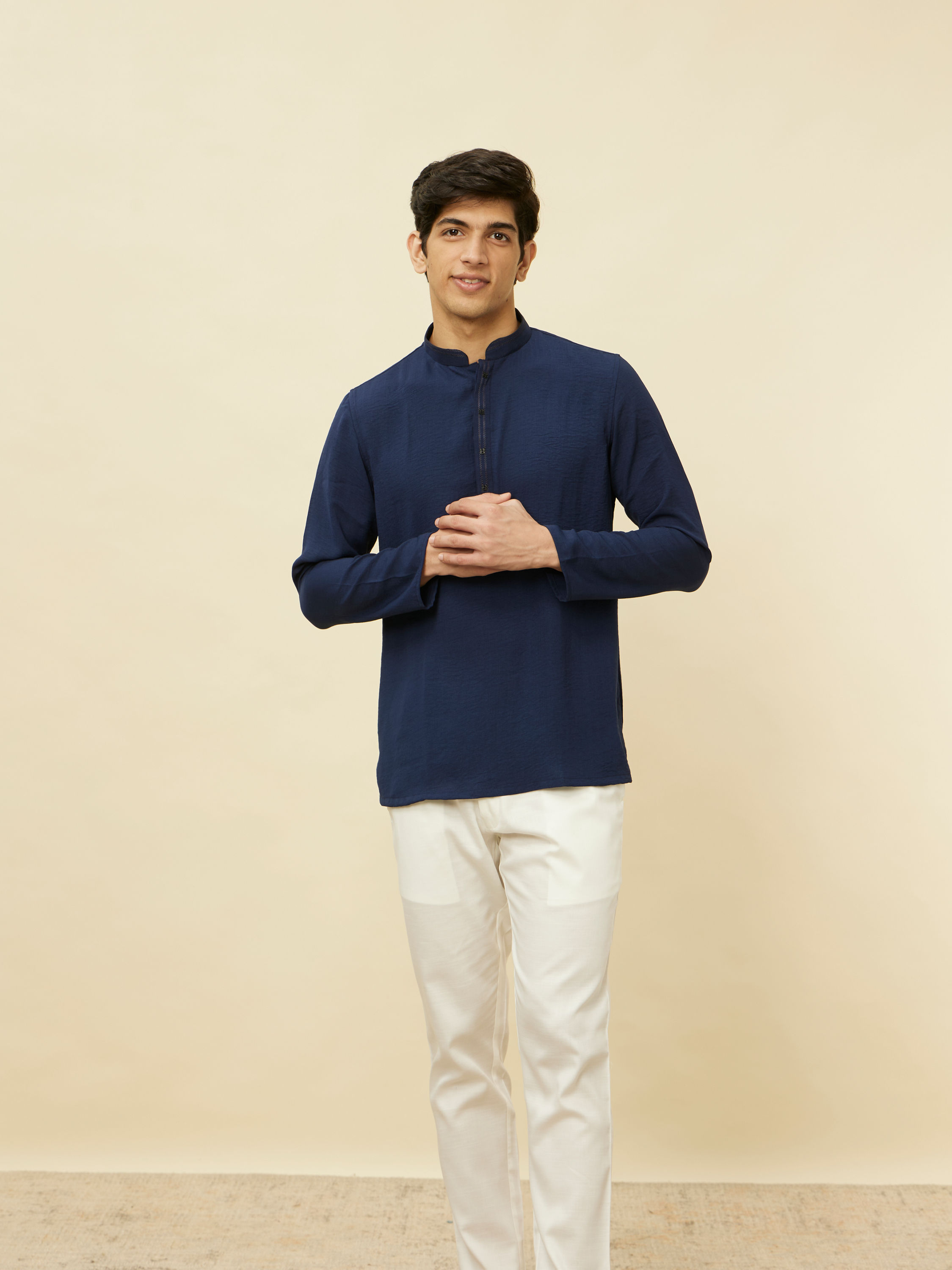 Manyavar Men Navy Blue Embroidered Neckline Short Kurta