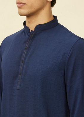 alt message - Manyavar Men Navy Blue Embroidered Neckline Short Kurta image number 1