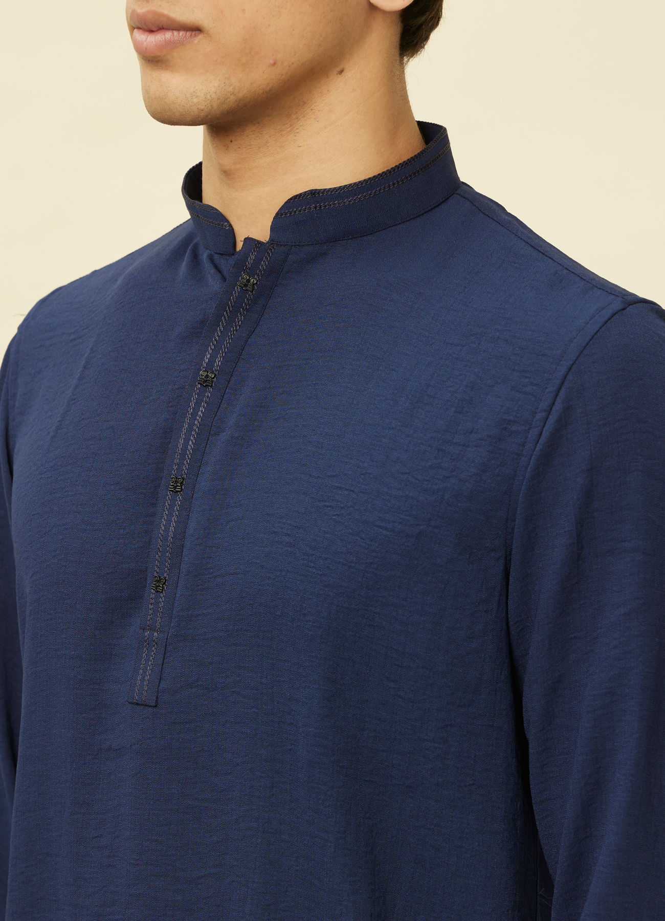 Manyavar Men Navy Blue Embroidered Neckline Short Kurta