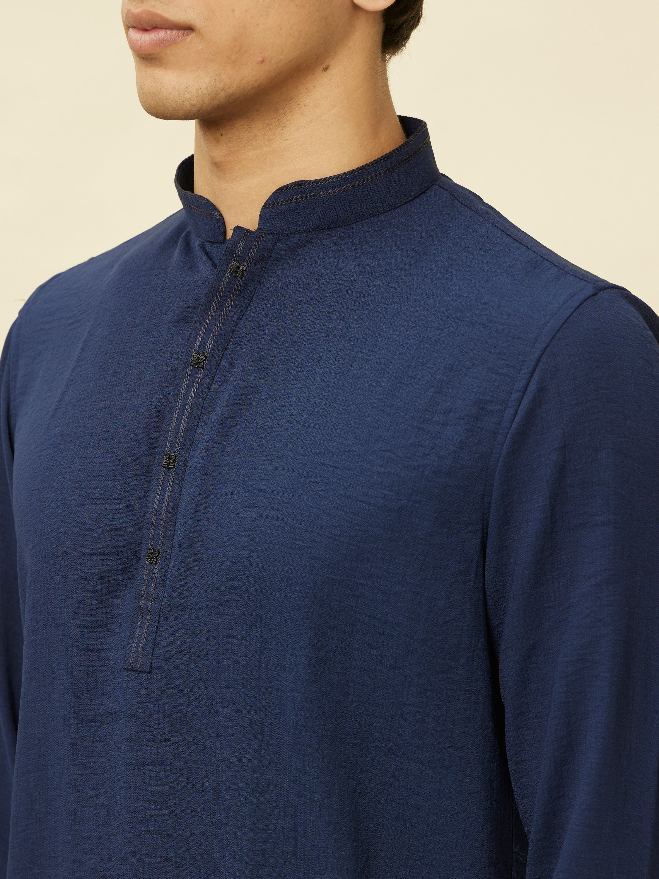 Manyavar Men Navy Blue Embroidered Neckline Short Kurta