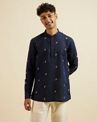 Manyavar Men Dark Blue Embroidered Short Kurta