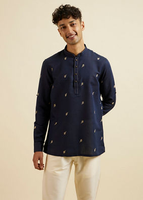 alt message - Manyavar Men Dark Blue Embroidered Short Kurta image number 0