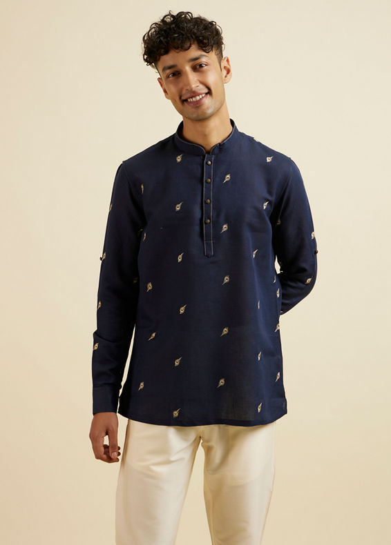 Manyavar Men Dark Blue Embroidered Short Kurta