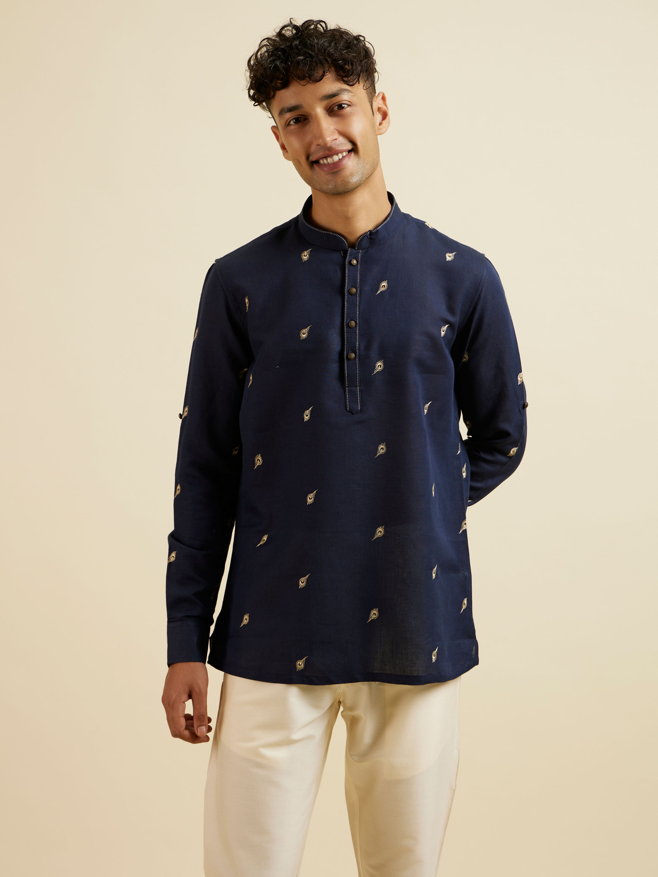 Manyavar Men Dark Blue Embroidered Short Kurta