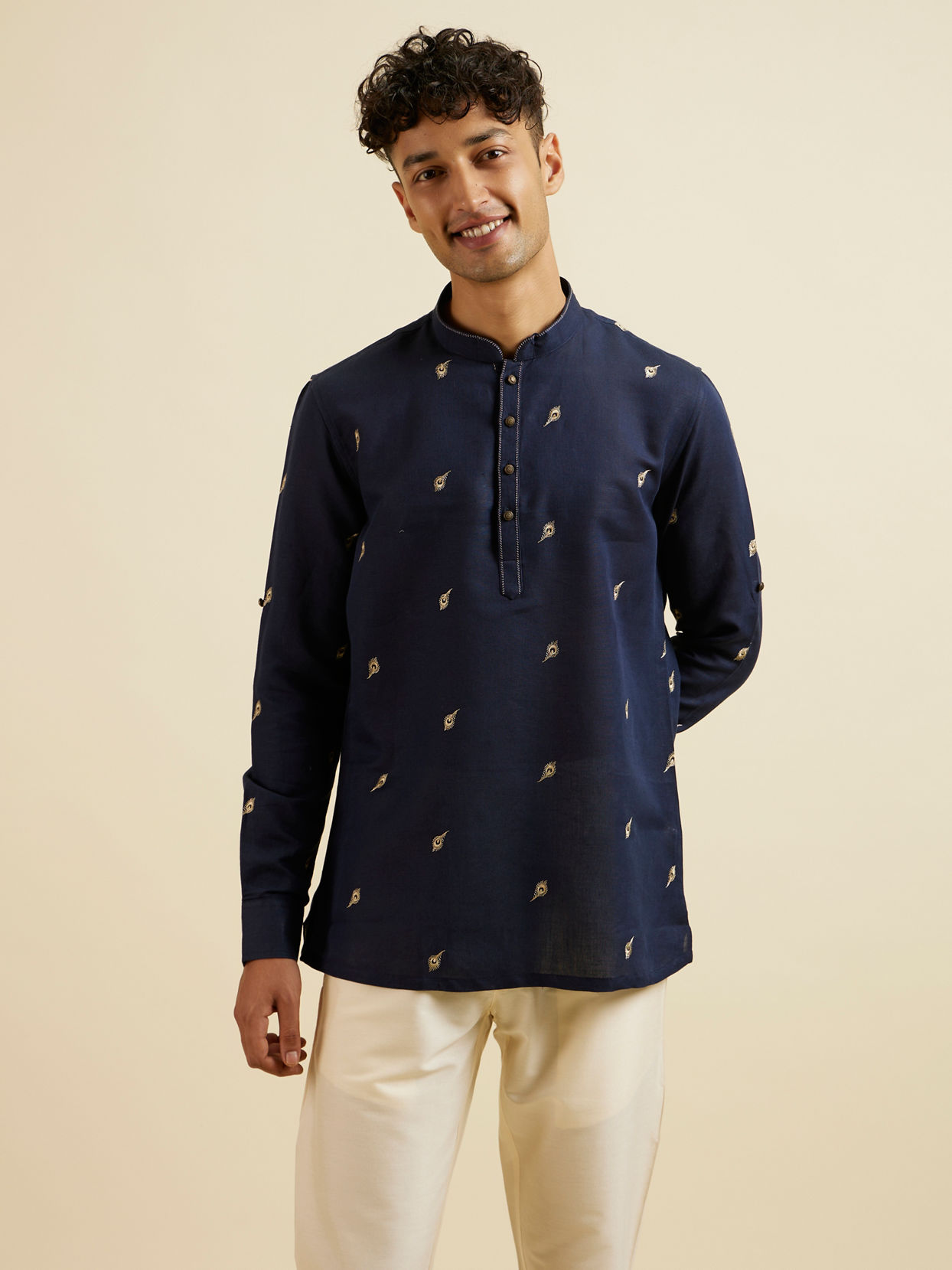 alt message - Manyavar Men Dark Blue Embroidered Short Kurta image number 0