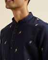 alt message - Manyavar Men Dark Blue Embroidered Short Kurta image number 1