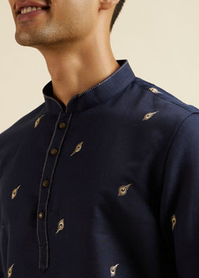 alt message - Manyavar Men Dark Blue Embroidered Short Kurta image number 1