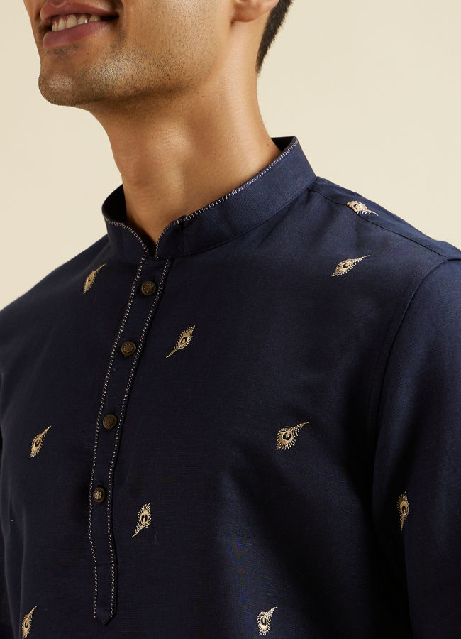 alt message - Manyavar Men Dark Blue Embroidered Short Kurta image number 1