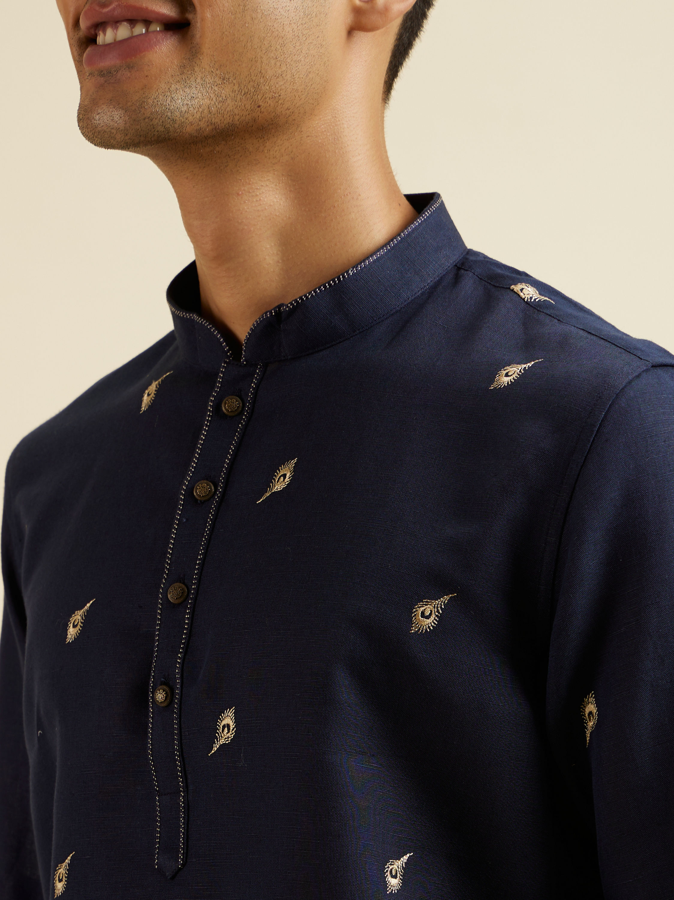 Manyavar Men Dark Blue Embroidered Short Kurta