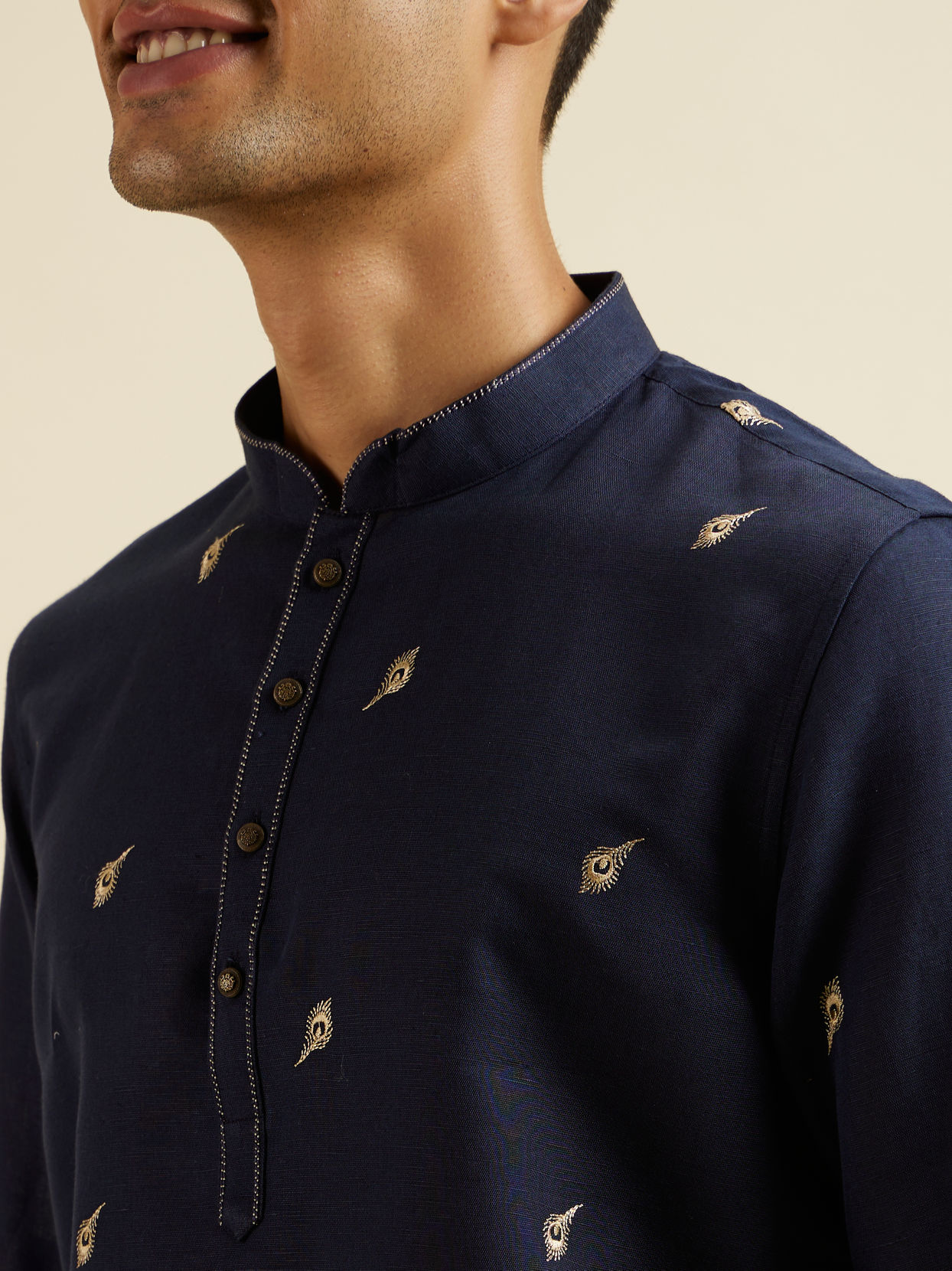 alt message - Manyavar Men Dark Blue Embroidered Short Kurta image number 1