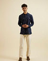 alt message - Manyavar Men Dark Blue Embroidered Short Kurta image number 2