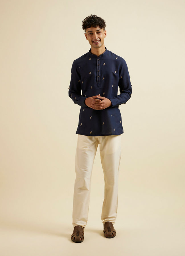 Manyavar Men Dark Blue Embroidered Short Kurta