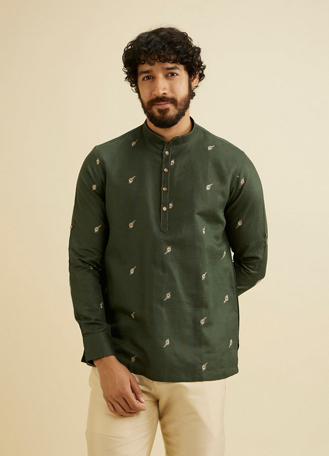 alt message - Manyavar Men Dark Green Embroidered Short Kurta image number 0