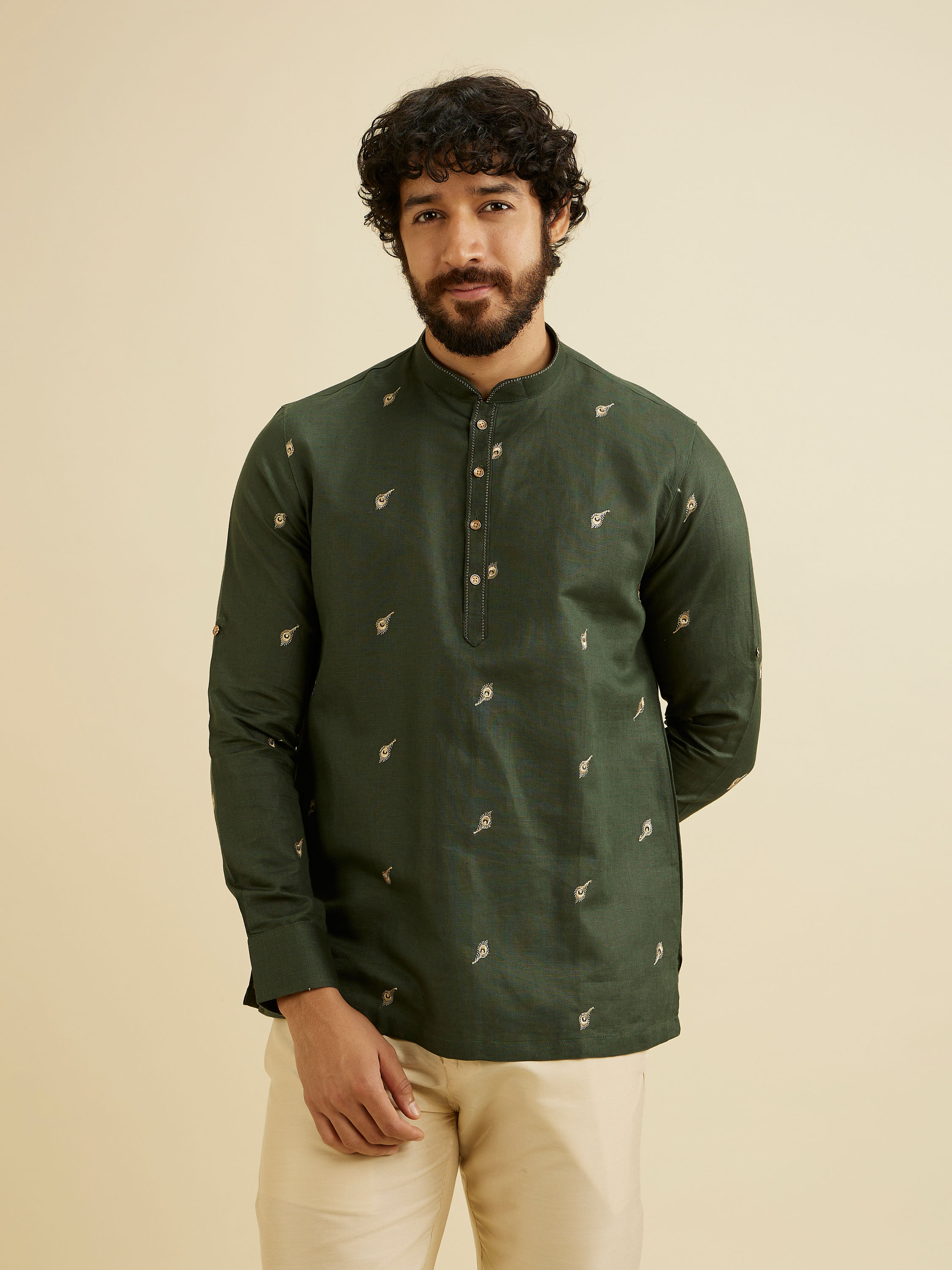Manyavar Men Dark Green Embroidered Short Kurta