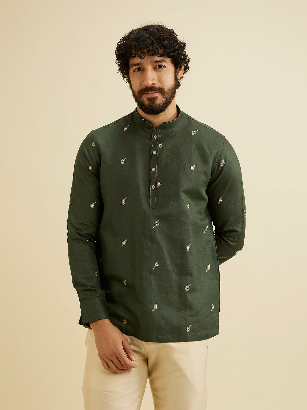 alt message - Manyavar Men Dark Green Embroidered Short Kurta image number 0