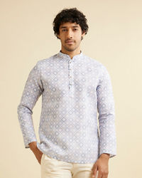 Manyavar Men Light Grey Grid Patterned Short Kurta