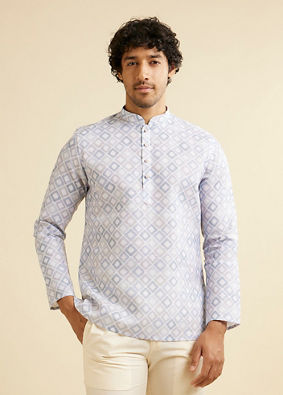 alt message - Manyavar Men Light Grey Grid Patterned Short Kurta image number 0