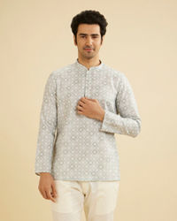 Manyavar Men Soft Green Grid Patterned Short Kurta