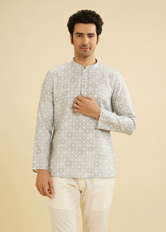 Manyavar Men Soft Green Grid Patterned Short Kurta