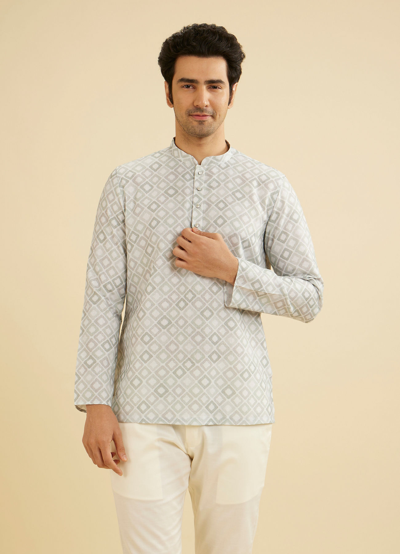 Manyavar Men Soft Green Grid Patterned Short Kurta