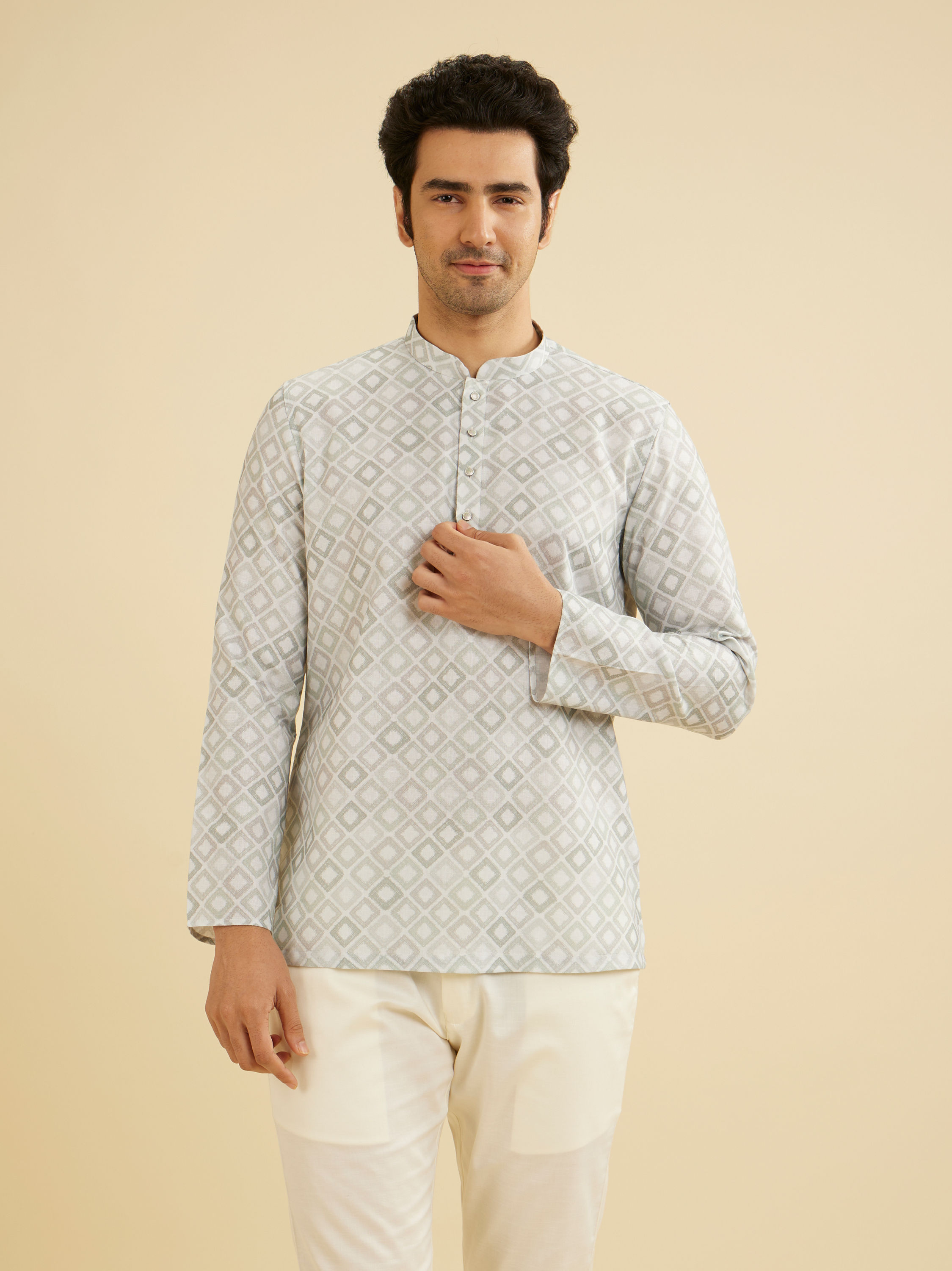 Manyavar Men Soft Green Grid Patterned Short Kurta