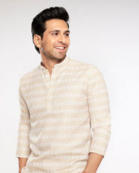 Manyavar Men Buttercream Harlequin Printed Short Kurta