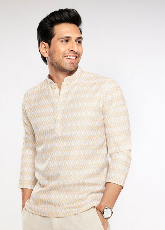 Manyavar Men Buttercream Harlequin Printed Short Kurta