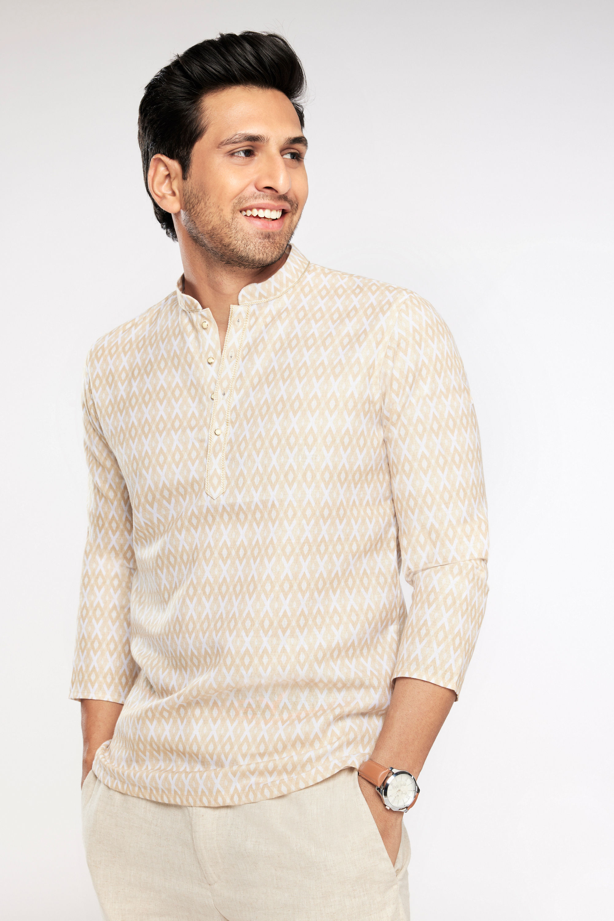 Manyavar Men Buttercream Harlequin Printed Short Kurta