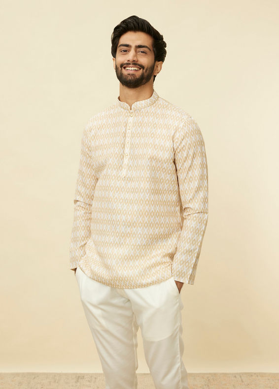 Manyavar Men Buttercream Harlequin Printed Short Kurta