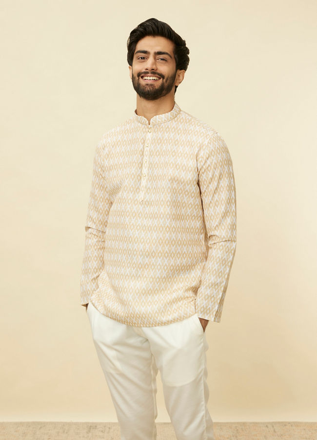 Manyavar Men Buttercream Harlequin Printed Short Kurta