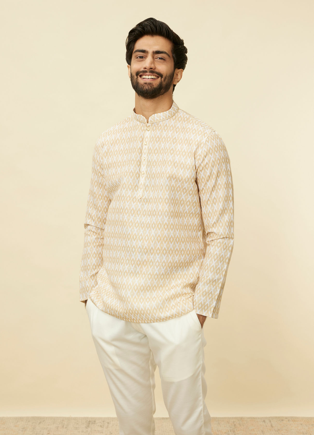 Manyavar Men Buttercream Harlequin Printed Short Kurta